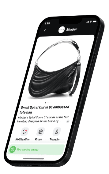 Mugler — Passeport numérique du Spiral Curve bag sur mobile avec services au propriétaire