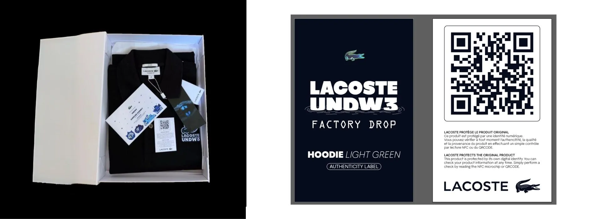 Produit Lacoste avec QR code et carte passeport numérique — UNDW3 Factory Drop