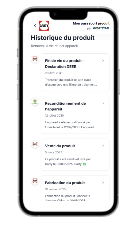 Historique produit complet — Timeline sur iPhone