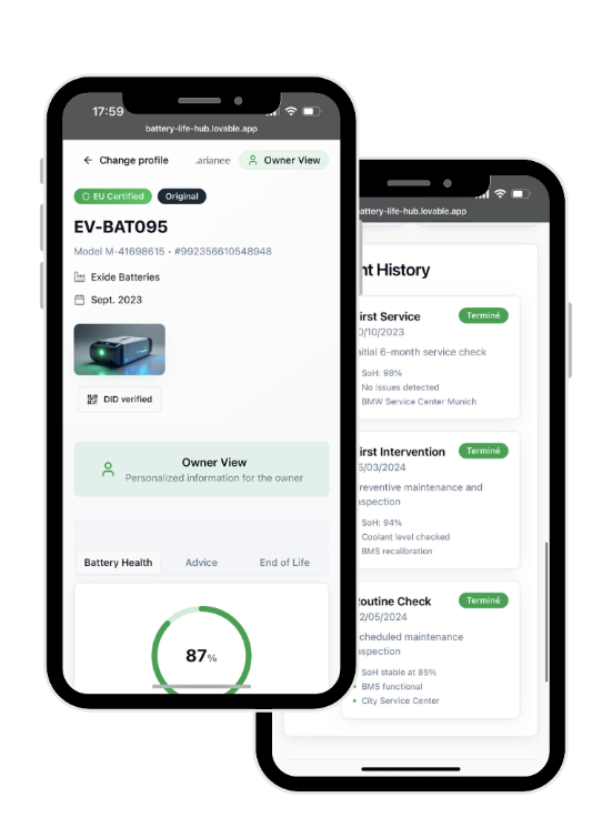 Passeport batterie — Spécifications, état de santé, historique maintenance